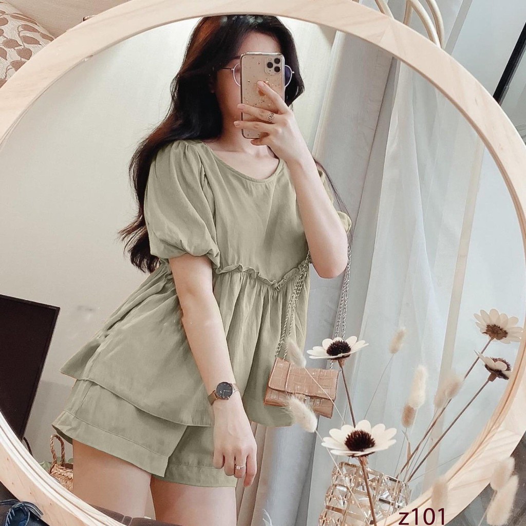 Bộ đũi tơ viền bèo babydoll xanh cho nữ SETN374