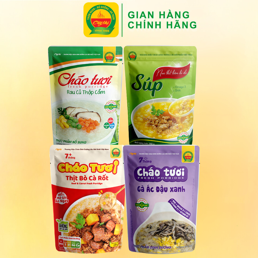 Combo Mix 3 cháo tươi + 1 Súp dinh dưỡng Nui thịt bằm bí đỏ