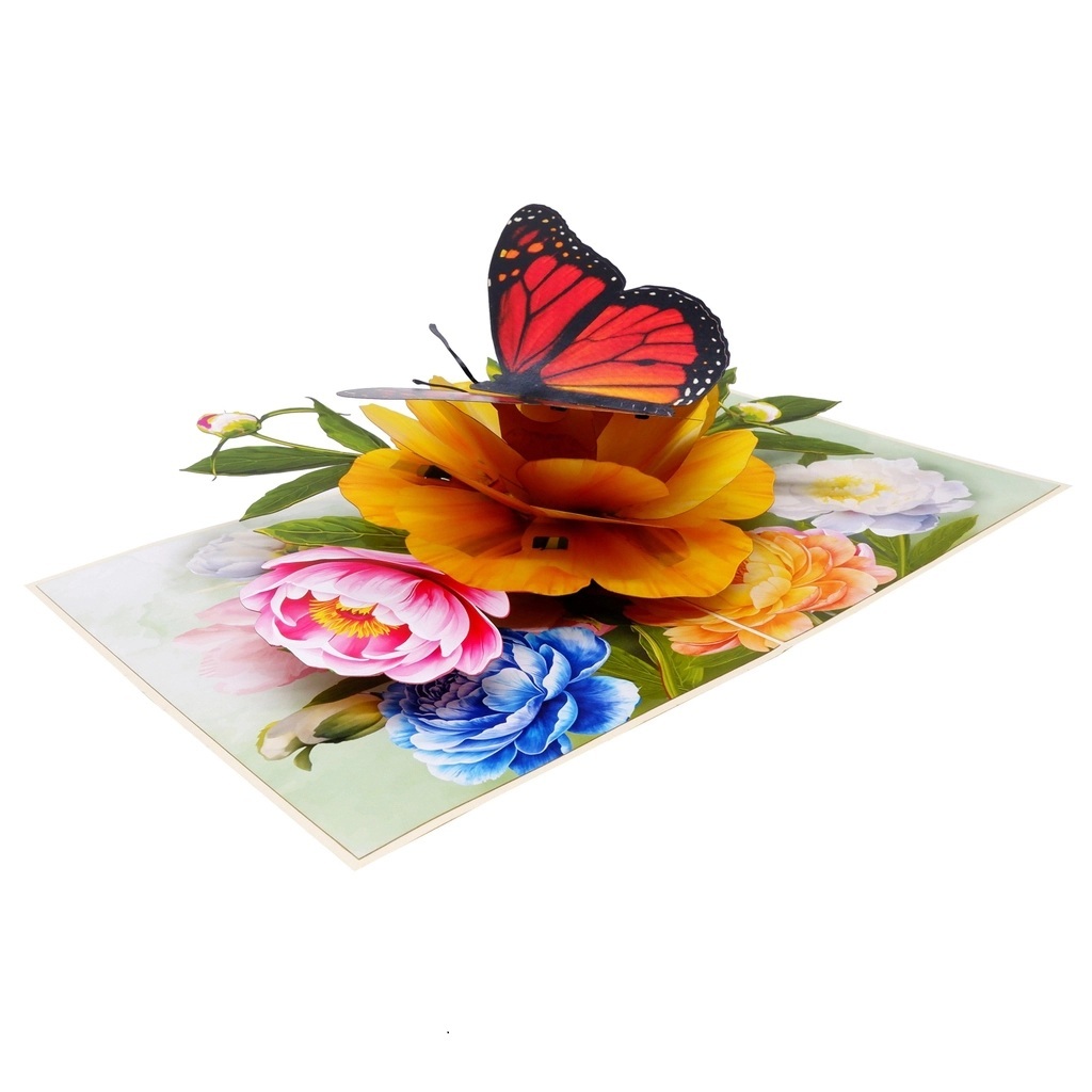 F61 -  Thiệp 3D Bươm Bướm Đỏ &amp; Hoa Mẫu Đơn – Pop Up Card Viethands Giftshop