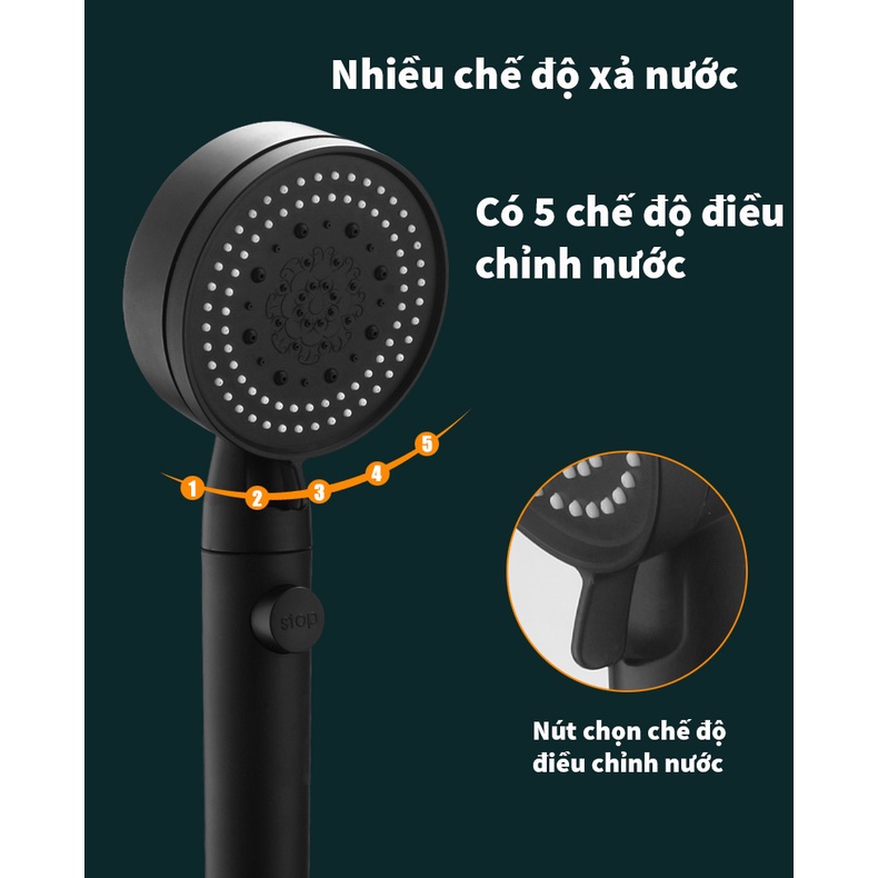 Vòi Hoa Sen Tăng Áp 5 Chế Độ Tiết Kiệm Nước màu Đen kèm dây sen 1.5m