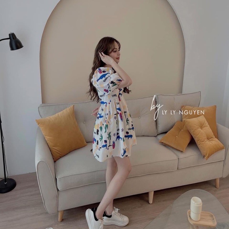 Đầm babydoll trắng xòe hoạt hình nơ ngực cho nữ DN507