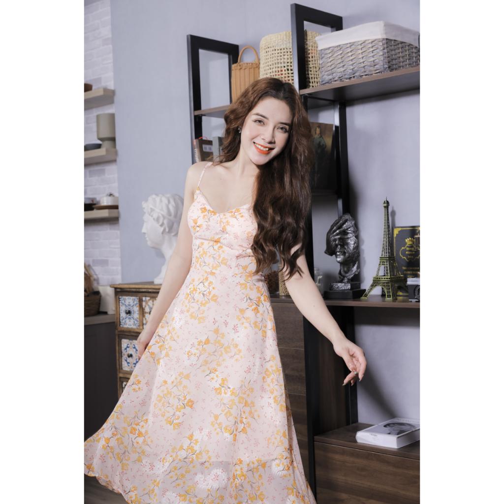 Váy Hoa Voan Mềm Màu Vàng Cao Cấp 23V050 Pi Style