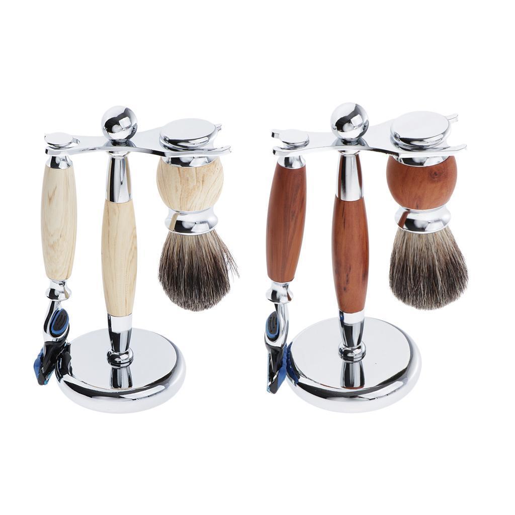 Zinc Alloy + Wood Mens Shaving Kit Gift Set W/5 Layer Blade Razors Brush & Stand Holder