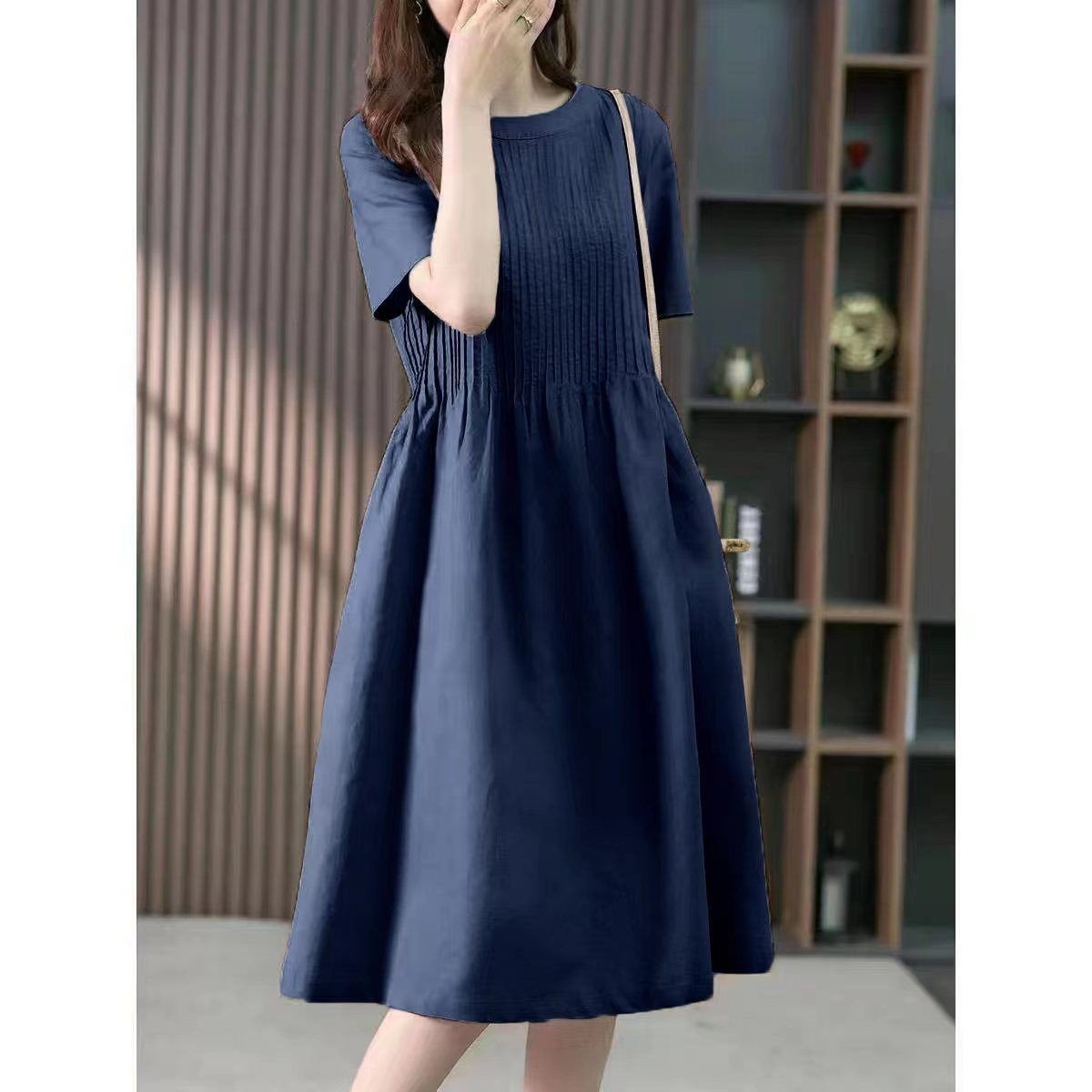 Đầm Linen suông nữ ngắn tay, dáng dài suông kèm đai eo rời, phong cách nữ retro Đũi Việt