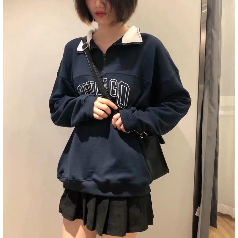 Áo Sweater Nỉ Hàn Quốc Unisex Cổ Khóa CGO Cực Chất  Áo Thun Nam Nữ Dài Tay Cổ Bẻ