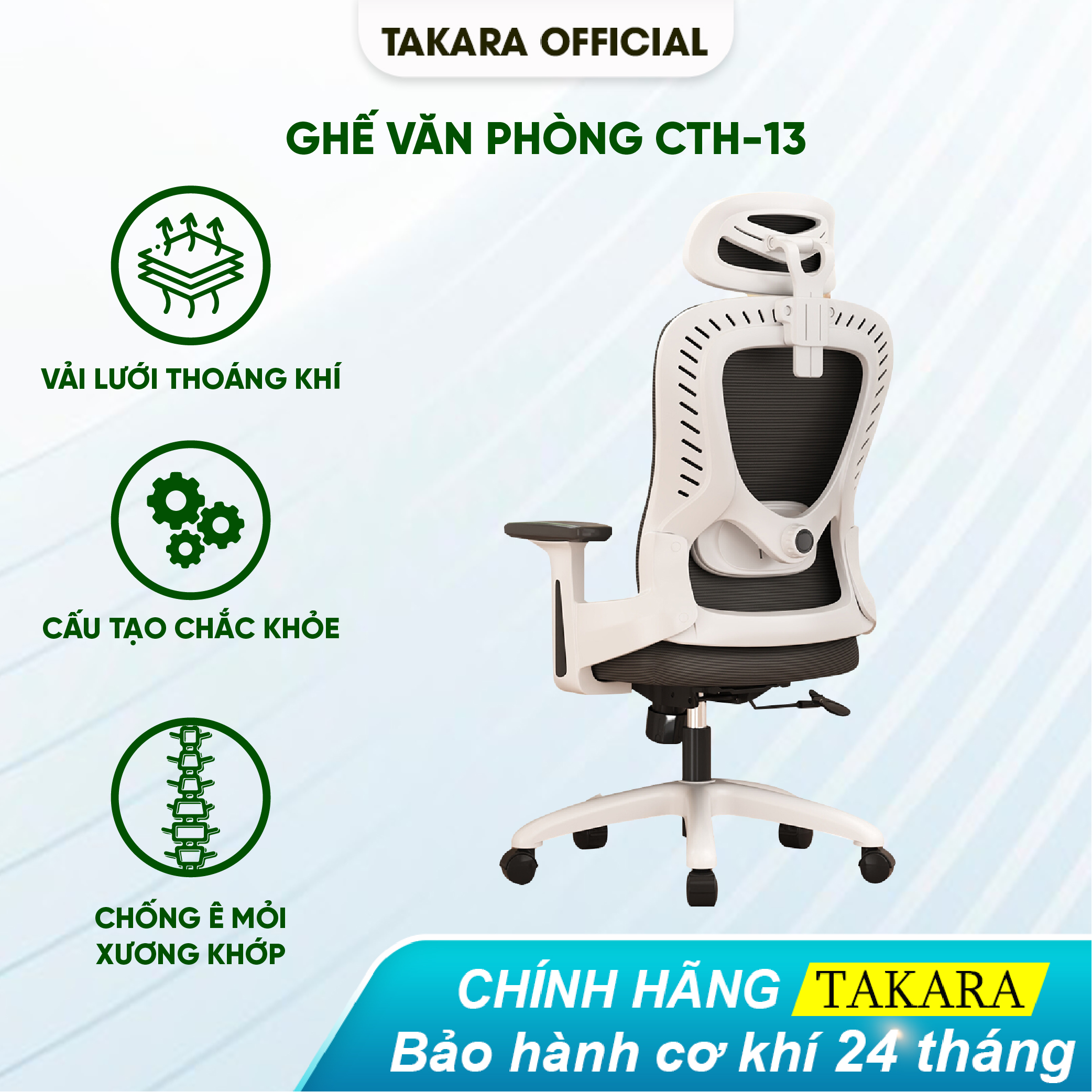 Ghế Công Thái Học CTH-13 Takara, Ghế Văn Phòng Chân Xoay, Ghế Làm Việc Xoay 360 Chất Lượng Cao