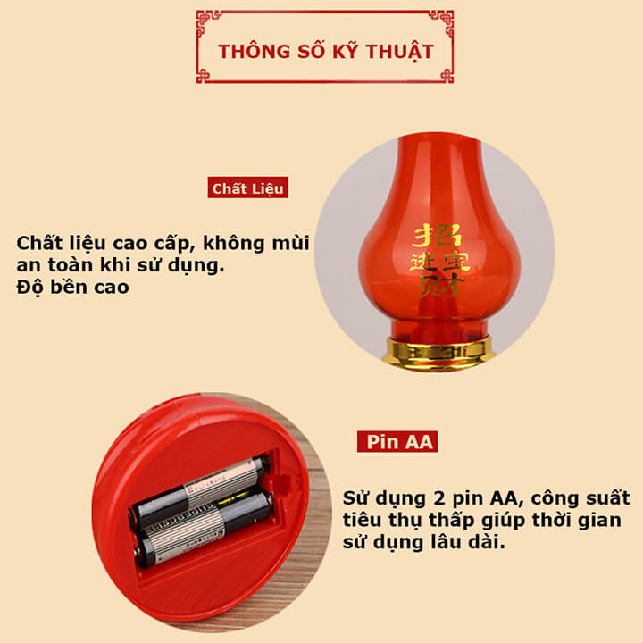 Đèn thờ dùng pin tiểu AA để bàn, đèn cầy đèn thờ cúng phật, đèn thờ thần tài ông địa