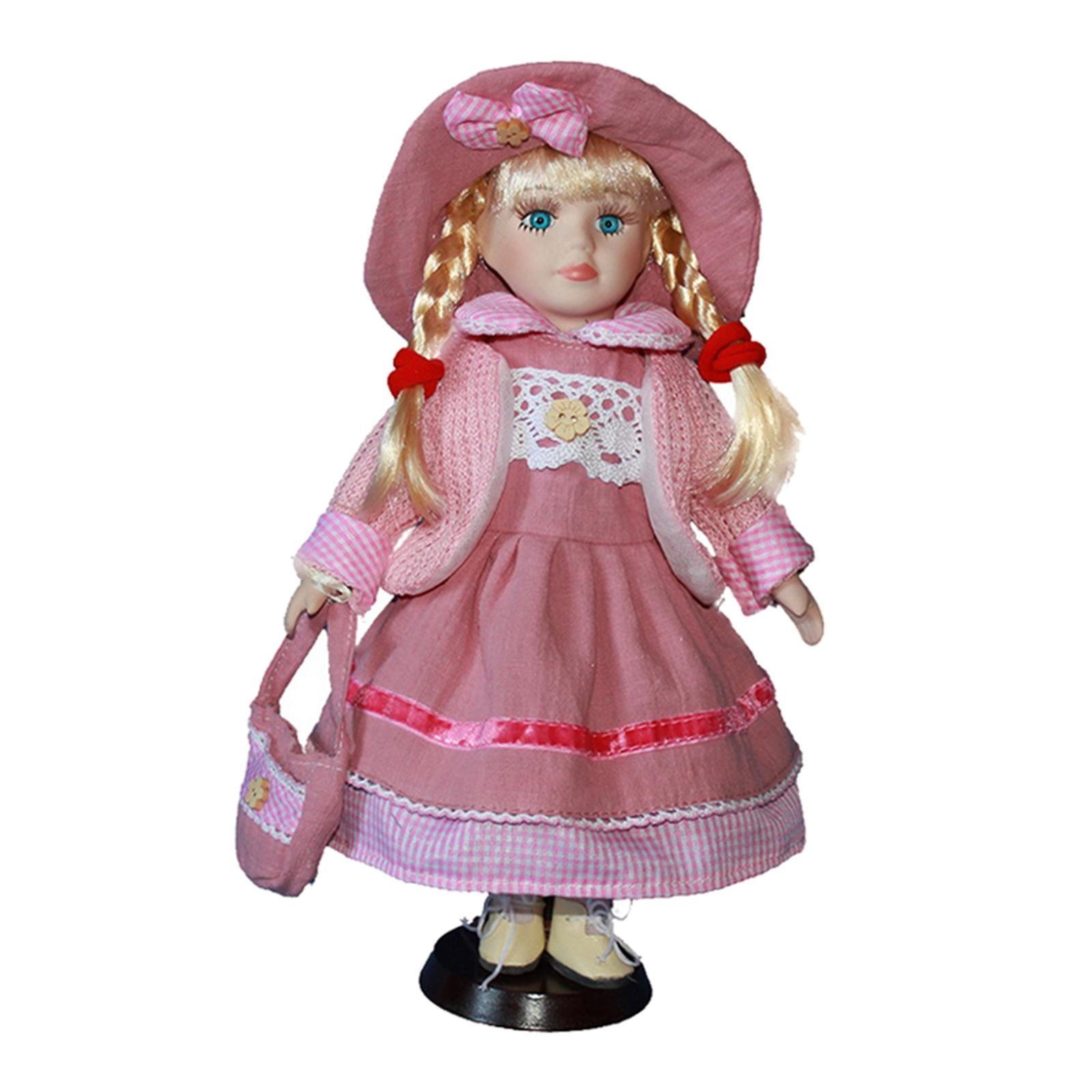 12 inch Elegant Porcelain Doll Collectible Miniatures, 2 Pieces Standing Victorian Girl Lady Doll with Stand, Hat, Shoes and Clothes