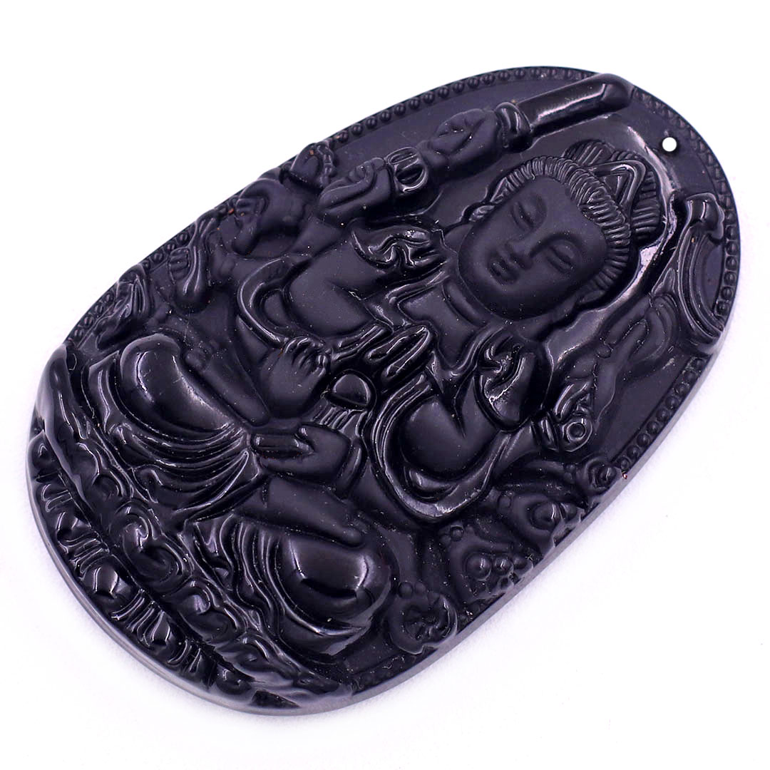 Hình ảnh Mặt Phật Thiên thủ thiên nhãn đá thạch anh đen 5 cm kèm vòng cổ hạt chuỗi đá đen - mặt dây chuyền size lớn - size L, Mặt Phật bản mệnh, Quan âm b