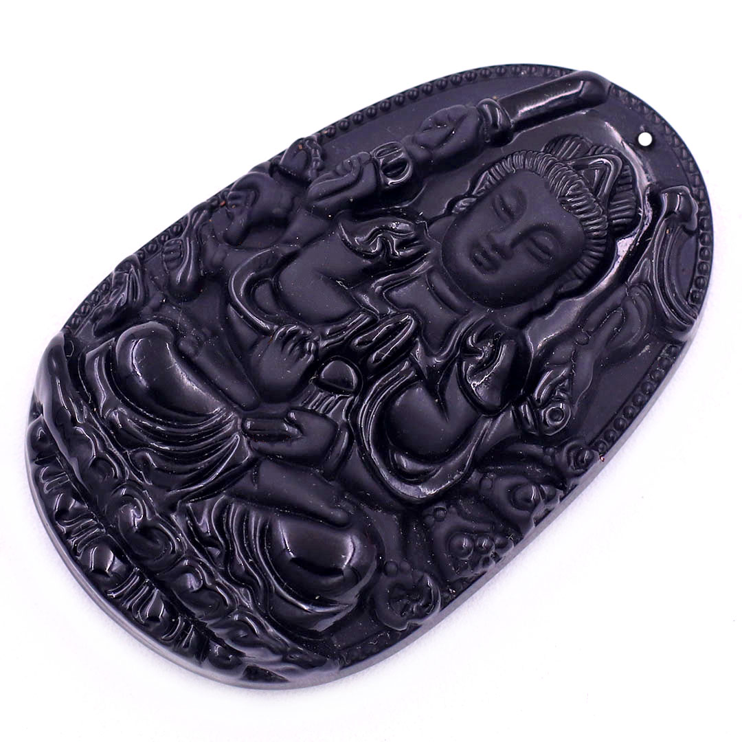 Mặt Phật Thiên thủ thiên nhãn thạch anh đen 3.6 cm kèm vòng cổ dây da đen - mặt dây chuyền size M, Mặt Phật bản mệnh, Quan âm bồ tát