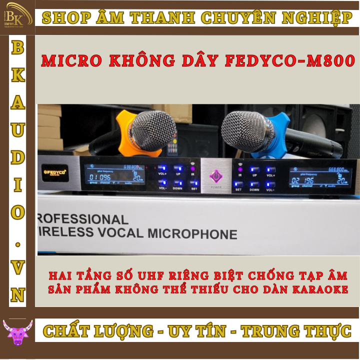 Mic không dây Fedyco M800. Hai tầng số UHF - chống lặp sóng , loại bỏ tạp âm . Mic hút mạnh . tầm hoạt động trên 100m.