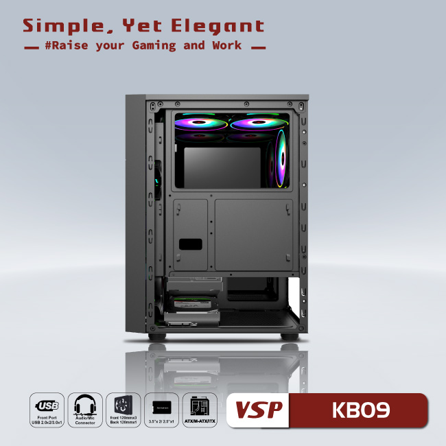 Vỏ máy tính Case VSP KB09 [ĐEN] Gaming kính cường lực (Không kèm Fan, ATX/M-ATX/ITX) - Hàng chính hãng VSP phân phối