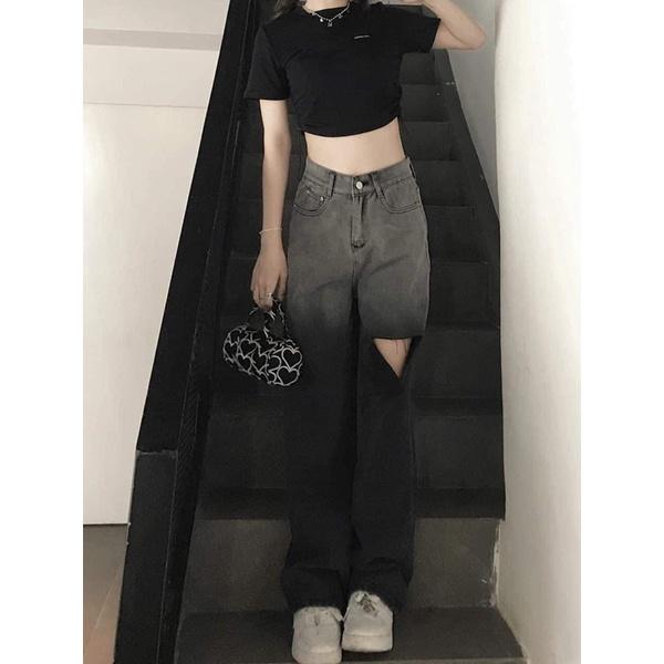 Quần jean Quần bò loang ống rộng BIG SIZE unisex màu đen khói dài ống đứng style Ulzzang dành cho nữ PHULA