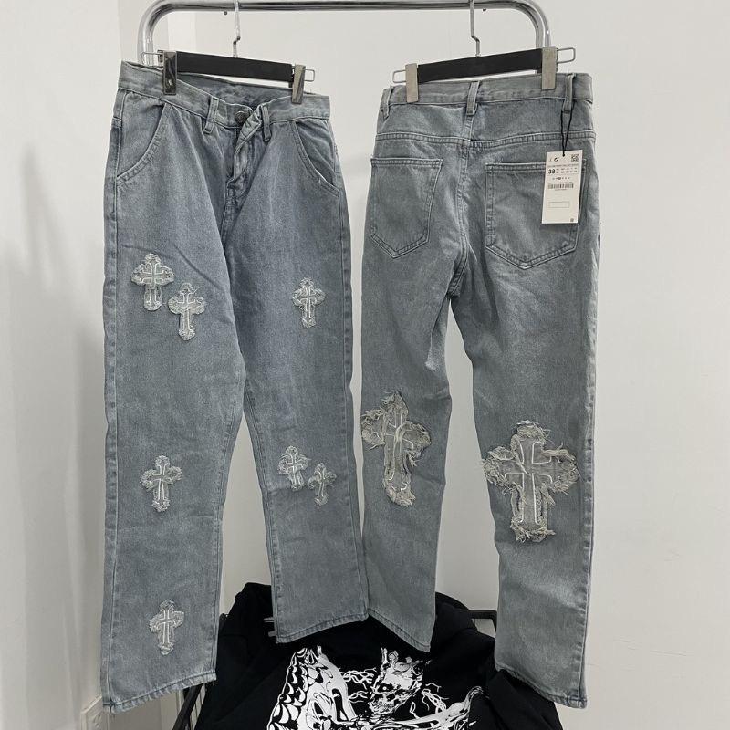 Quần Jean Nam Ống Suông, Quần Baggy Jean Nam Ống Rộng Thêu Thánh Giá