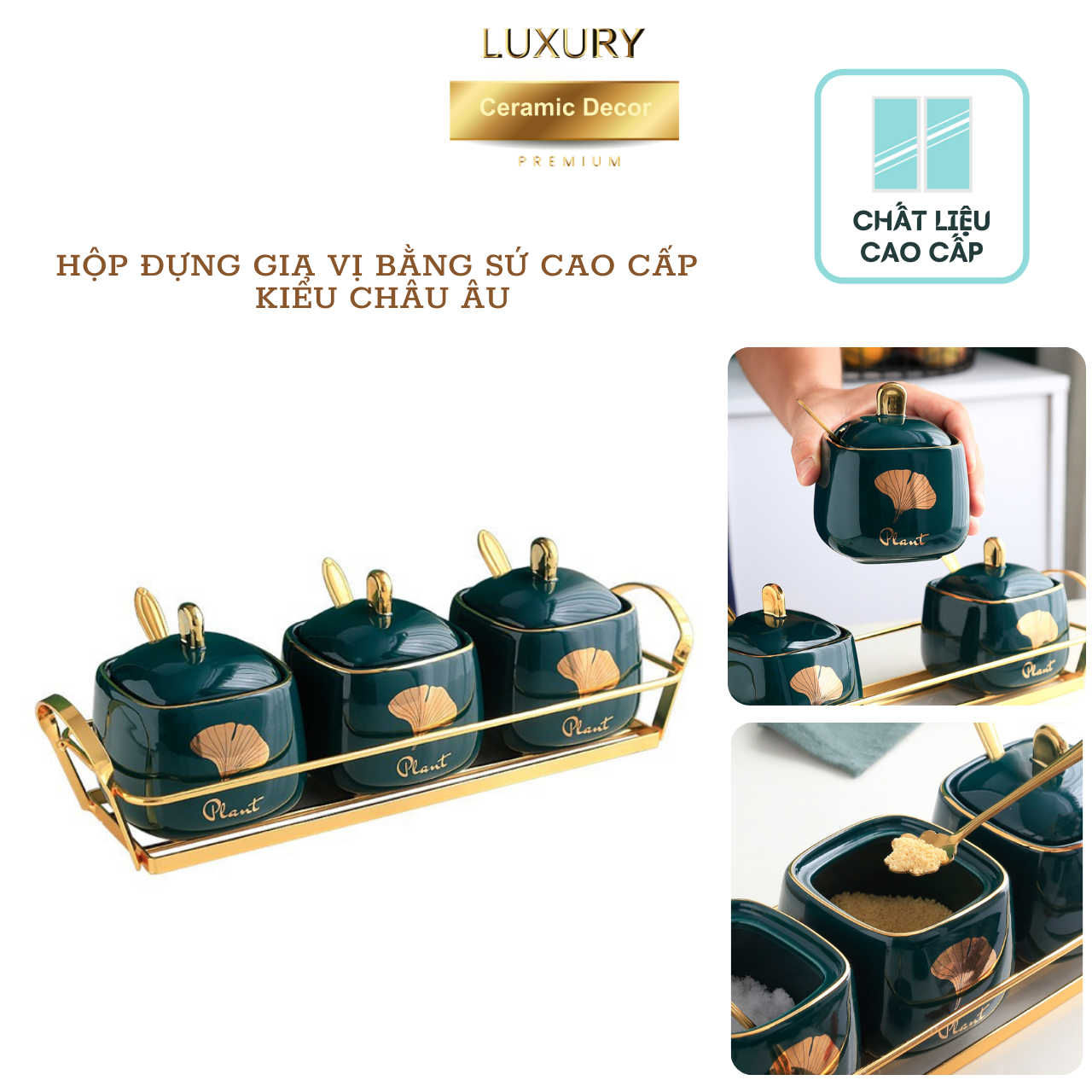 Bộ Đựng Gia Vị Bằng Sứ Cao Cấp Gồm 3 Sets Hoa Văn Ngẫu Nhiên DECOR LUXURY - Hàng Nhập Khẩu