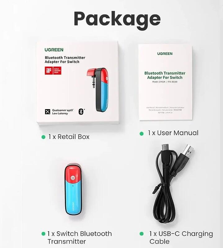 Ugreen UG80188CM324TK Bluetooth 5.0 bộ phát bt jack 3.5mm Audio hỗ trợ chuẩn APTX Low Latency cho Nintendo Switch - Lite. PS4. PC - HÀNG CHÍNH HÃNG
