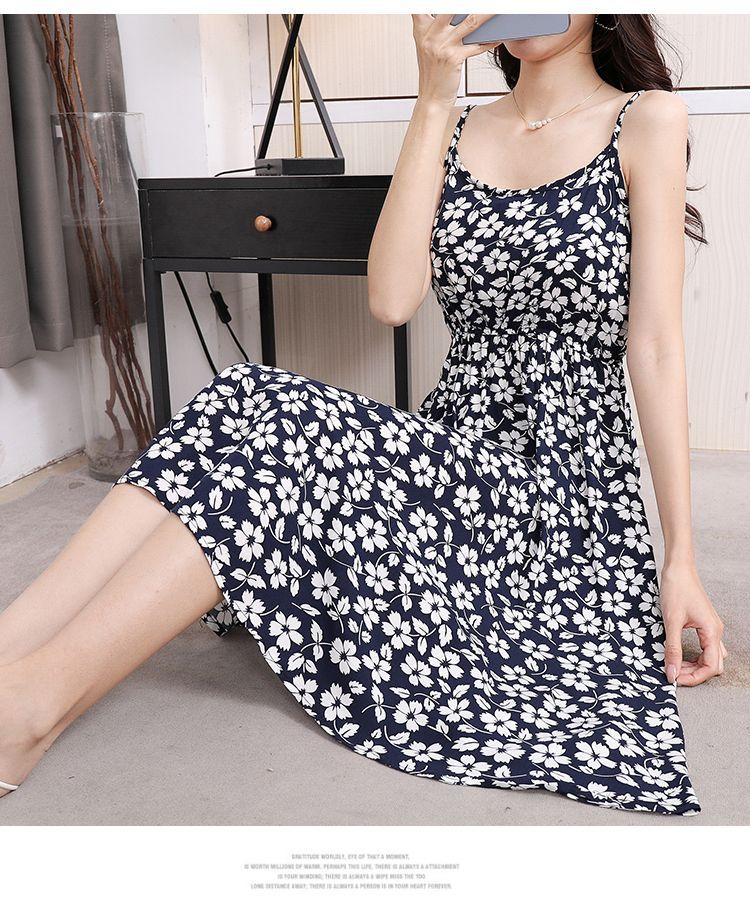 DONGSHOP Mùa hè 2023 Hàn Quốc phiên bản có thể điều chỉnh treo vest đầm mỏng mỏng trung bình dài hoa bãi biển váy