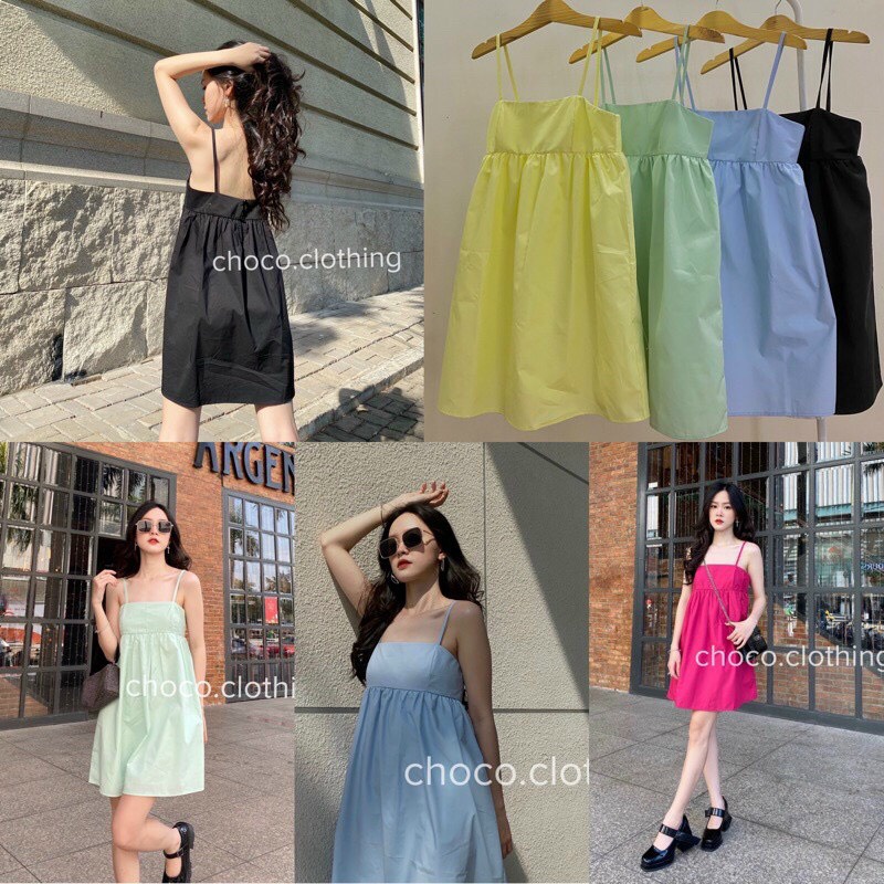 Đầm hai dây babydoll ngắn đi biển dáng rộng chất thô nhiều màu xinh xắn