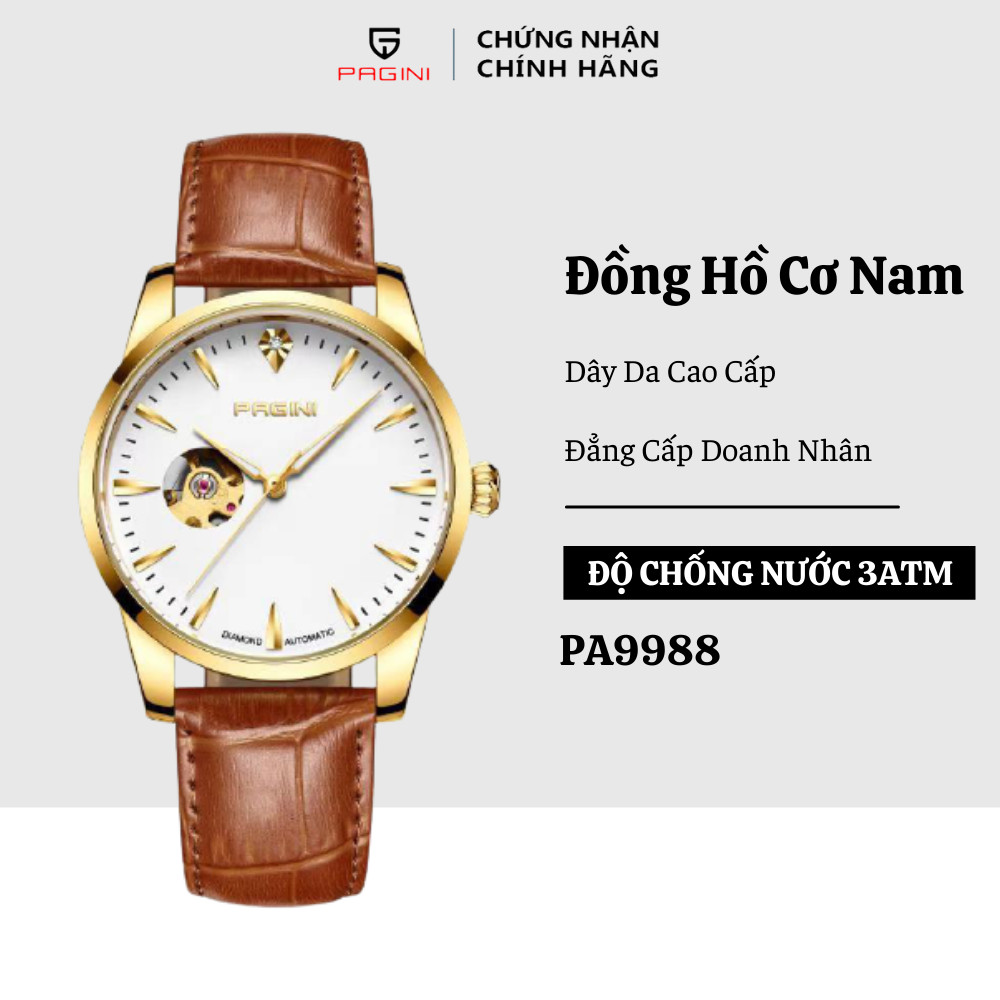 Đồng Hồ Cơ Nam Cao Cấp Chính Hãng PAGINI Automatic Pa9988 Dây Da - Chống Nước 3ATM Lộ Máy Đẳng Cấp - Mạnh Mẽ Thời Thượng