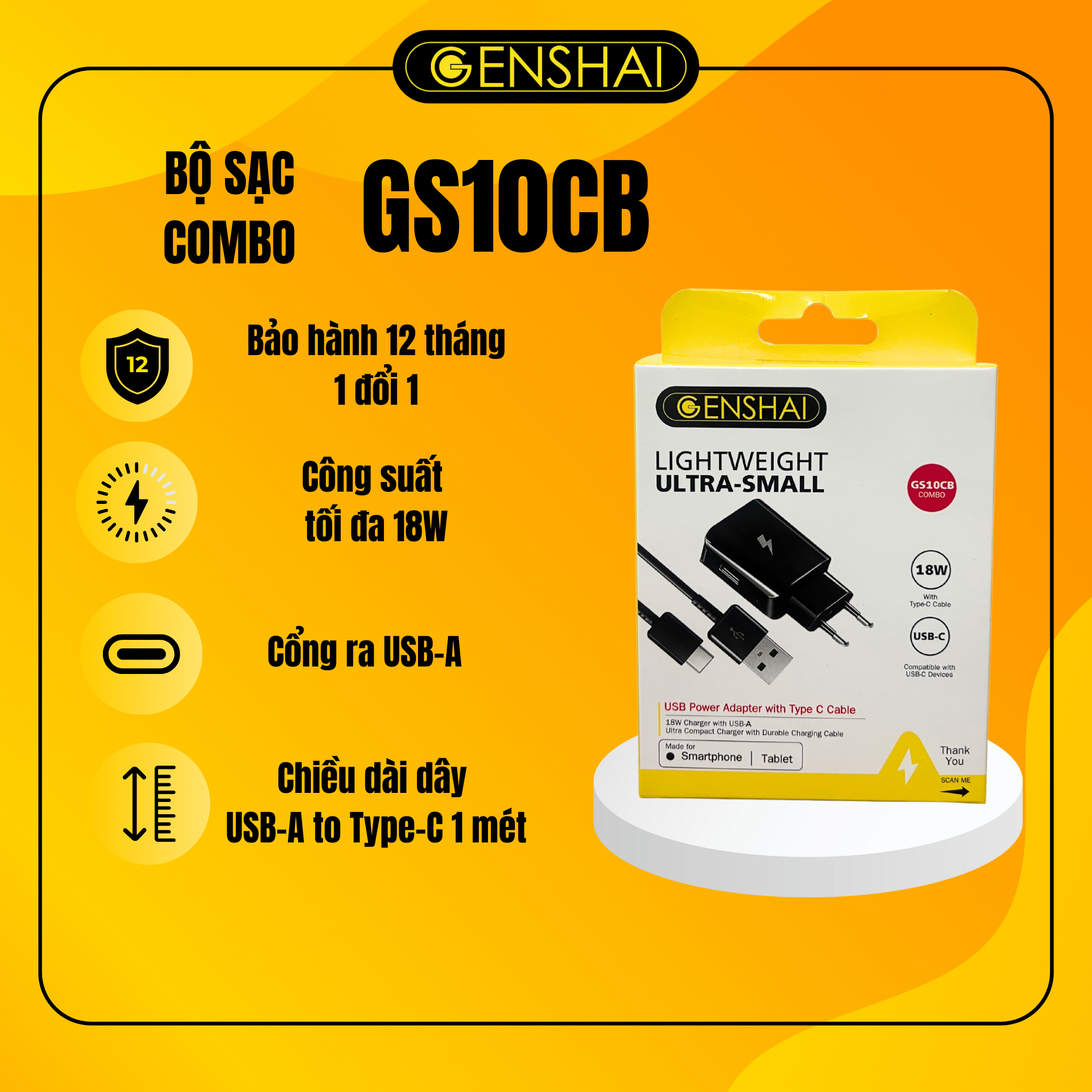 Bộ sạc nhanh gồm củ sạc nhanh và dây sạc nhanh hàng chính hãng Genshai GS10CB USB to Type C cho điện thoại | Bảo hành 12 tháng 1 đổi 1 | Made in Việt Nam