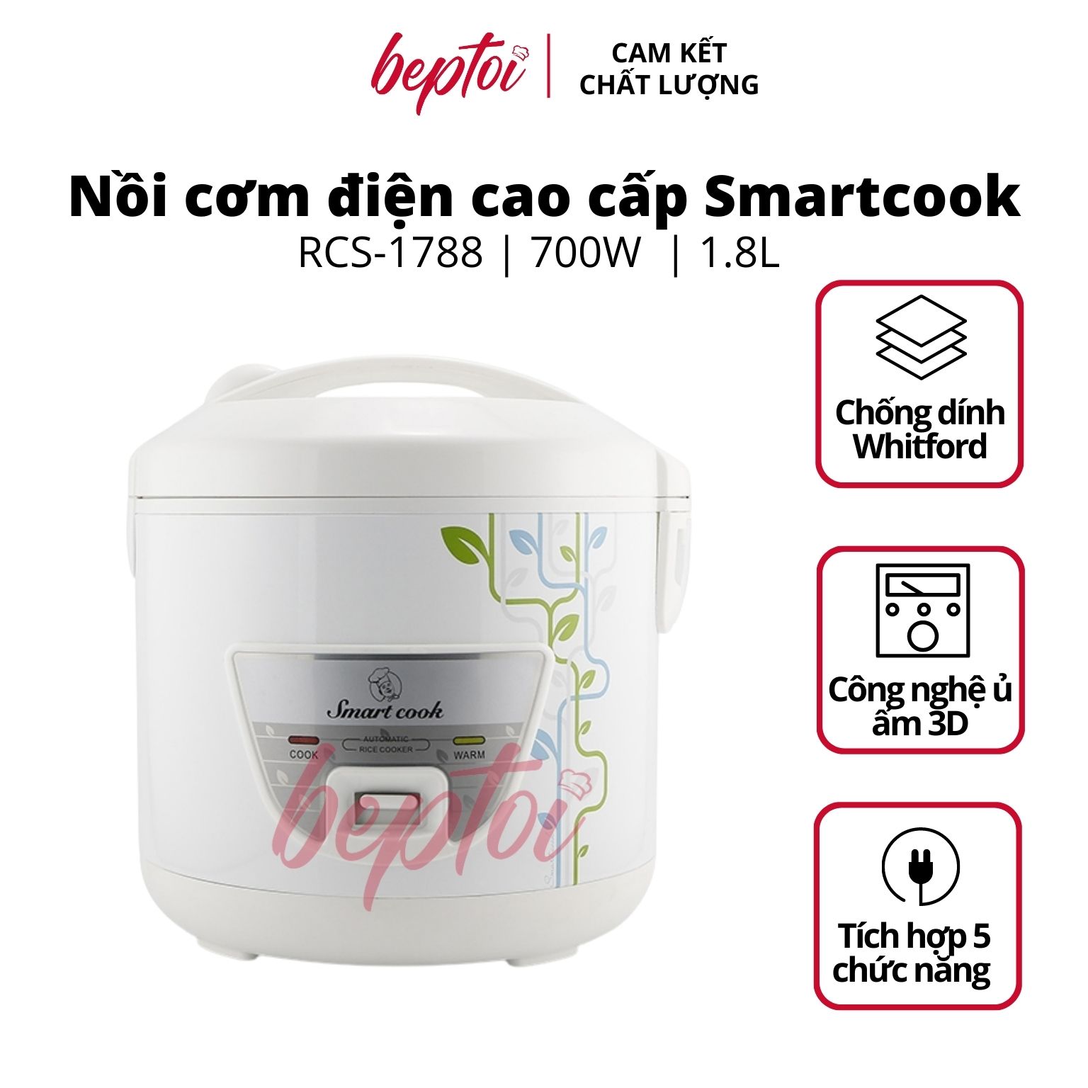 Nồi cơm điện nắp gài Smartcook RCS-1788, nồi cơm điện cao cấp 1.8 Lít - Hàng chính hãng