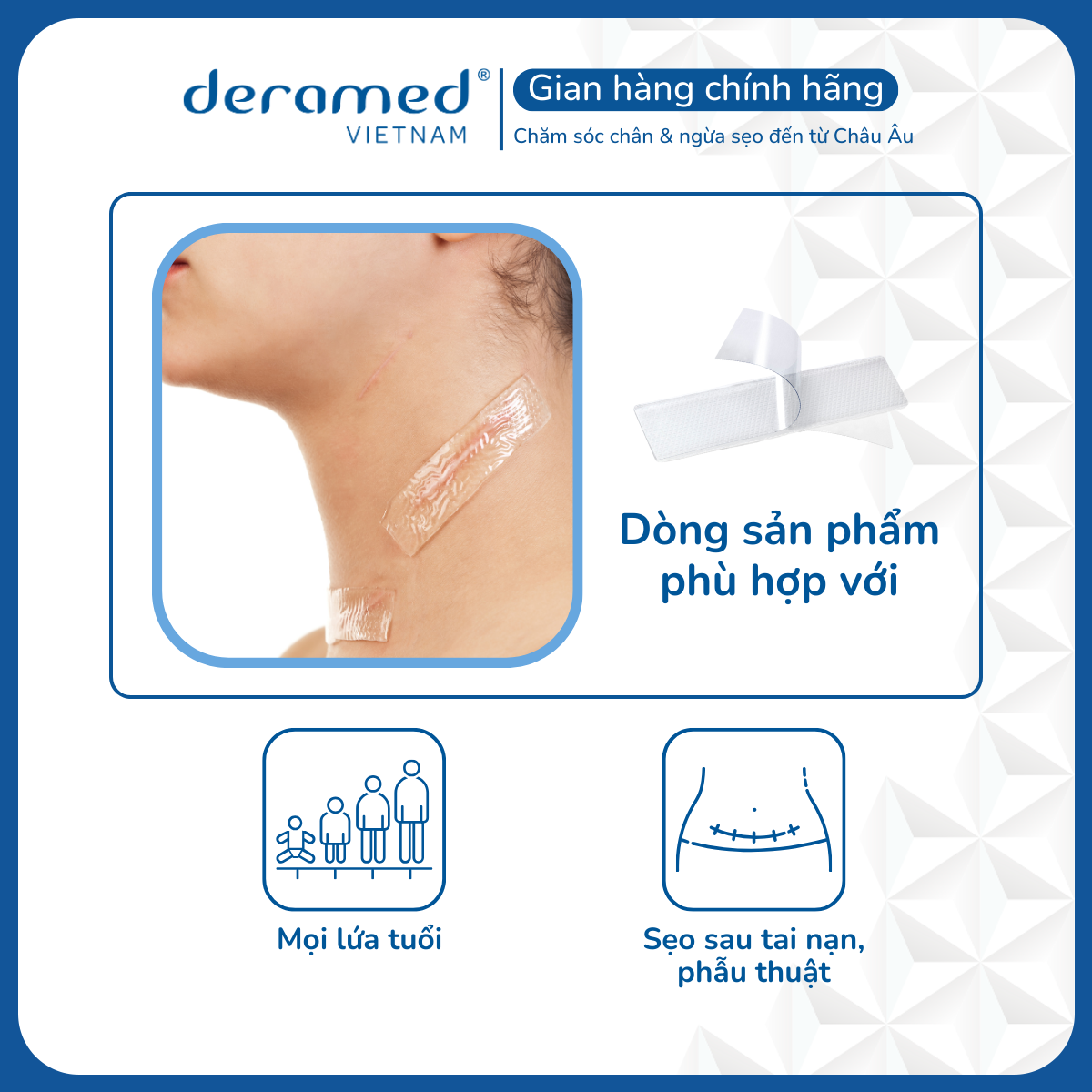 MIẾNG SILICONE NGỪA VÀ LÀM MỜ SẸO LỒI, SẸO PHÌ ĐẠI DERAMED - CÔNG NGHỆ MỜ SẸO MỚI, HIỆU QUẢ VÀ AN TOÀN - 2 MIẾNG 3x12CM - SẢN XUẤT TẠI TÂY BAN NHA
