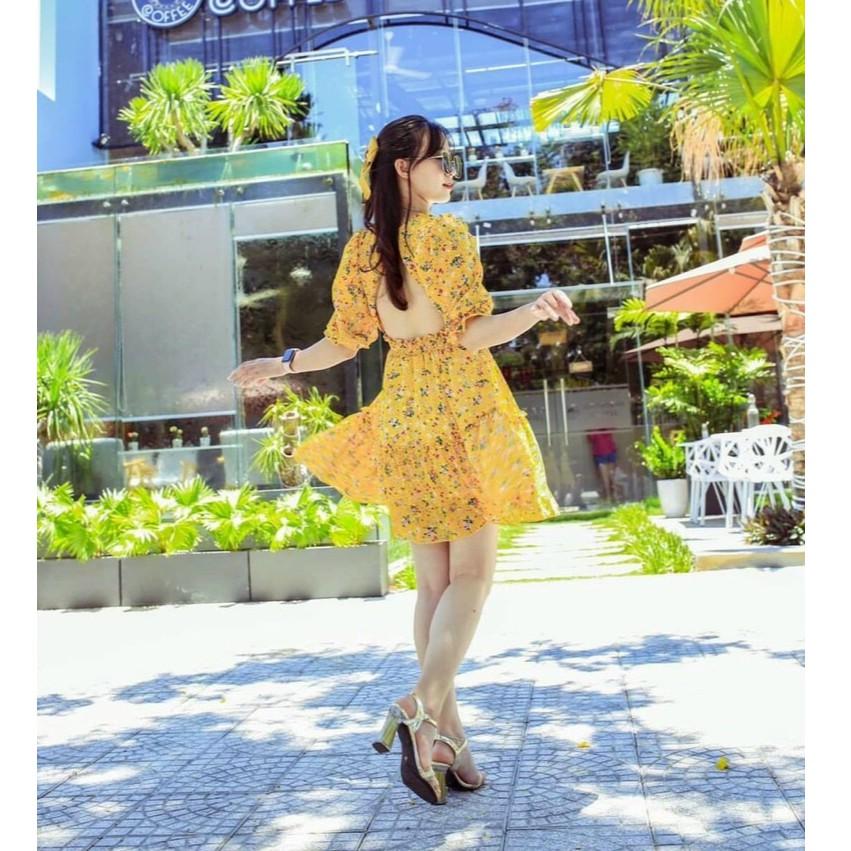 Đầm xoè hoa nhí nhấn bèo hở lưng siêu xinh