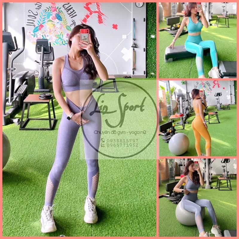 Bộ đồ tập gym yoga nữ gel bụng chun mông phối lưới chân cao cấp