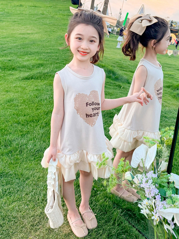Váy hè cho bé gái sát nách 2-7 tuổi in chữ Followw chân ren vải co giãn thấm hút mồ hôi kiểu dáng điệu đà