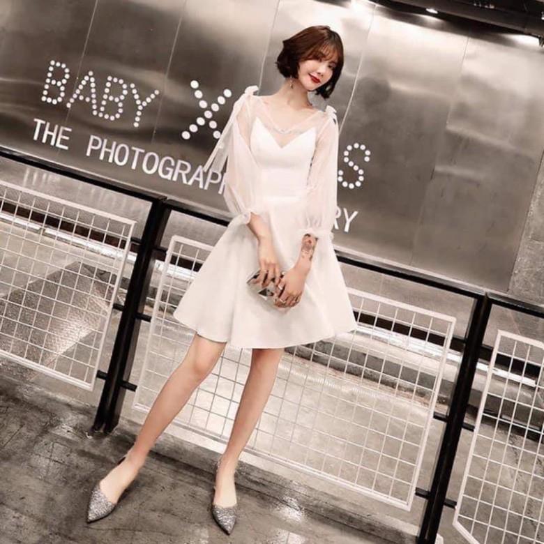 Váy Nữ Dáng Xòe Tay Ren Cổ Chữ V Có Lót Ngực 2021