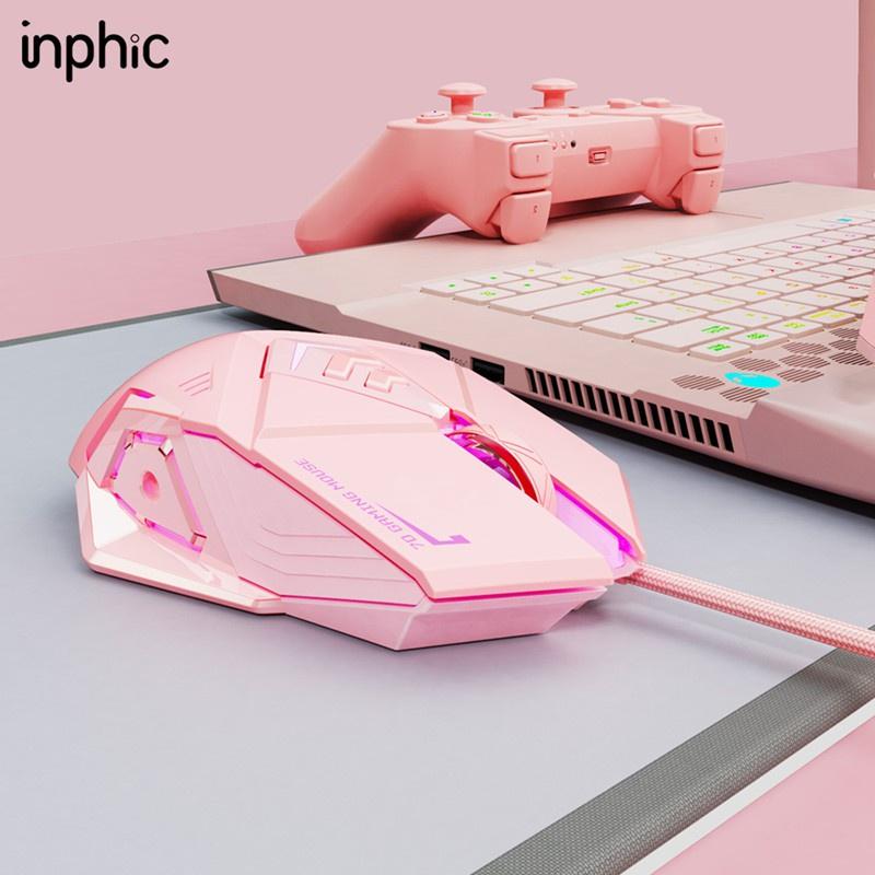 Chuột chơi game có dây Inphic PW5 màu hồng siêu cute hỗ trợ điều chỉnh DPI 4 tốc độ lên đến 4800