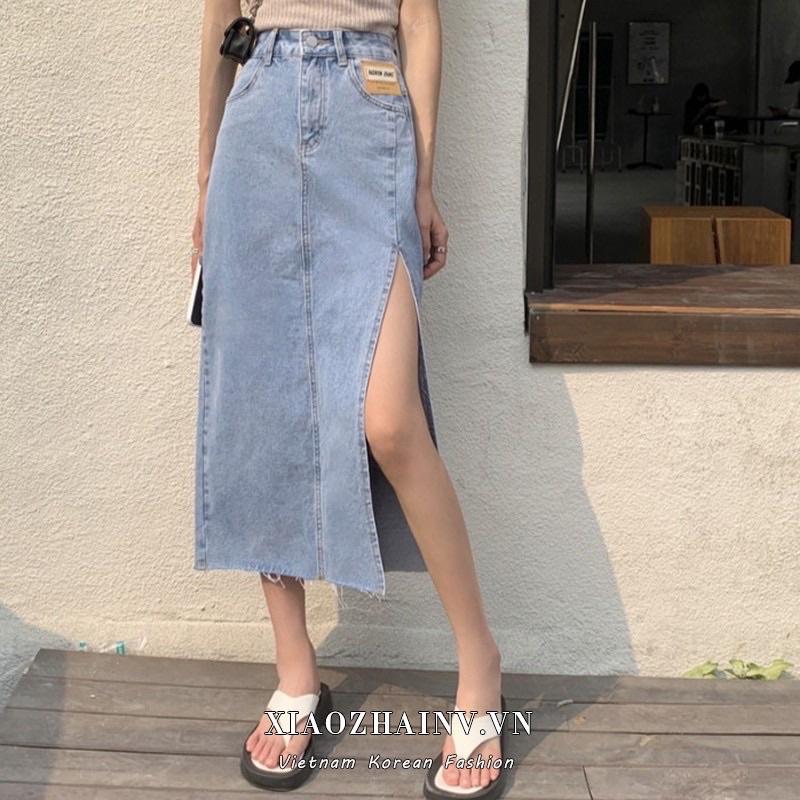 Chân váy jeans xẻ dài