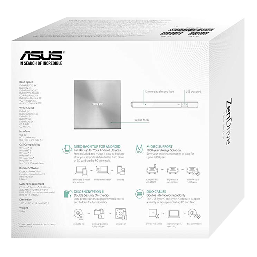 Ổ đĩa quang gắn ngoài Asus SDRW-08U9M-U (Silver) - Hàng Chính Hãng