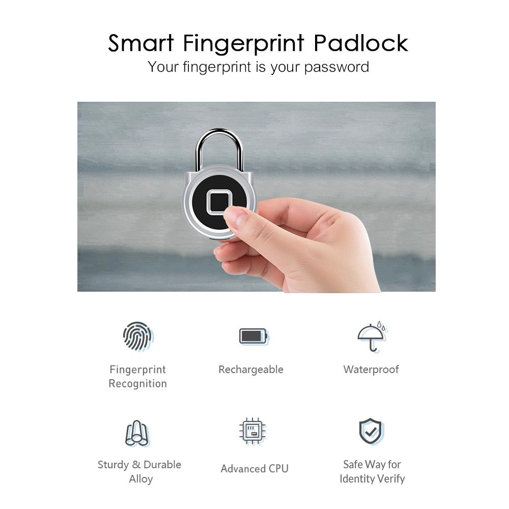 Khóa vân tay BT thông minh mở khóa trên APP hoặc nhập vân tay trên ổ khóa để mở, lưu trữ 16 Nhóm dấu vân tay,Có thể sạc lại USB