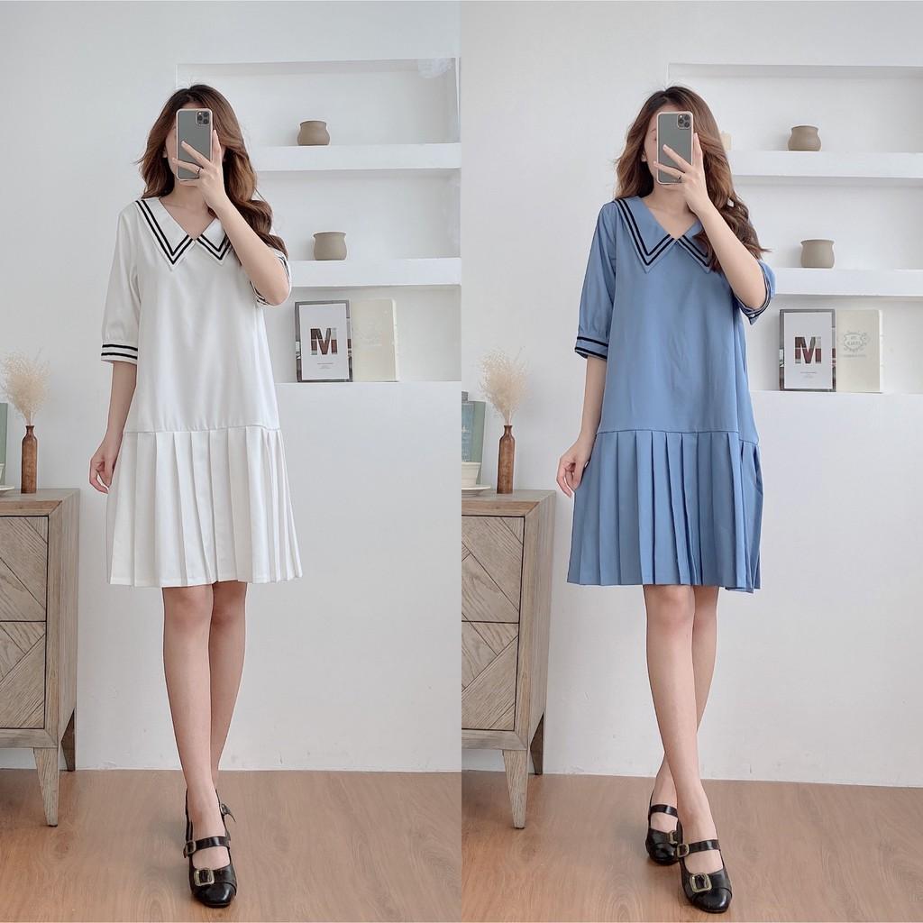 Váy suông cổ đức viền sọc, chân xếp ly, đầm xuông rộng tay lỡ 2 màu mã V167 - Michi's House
