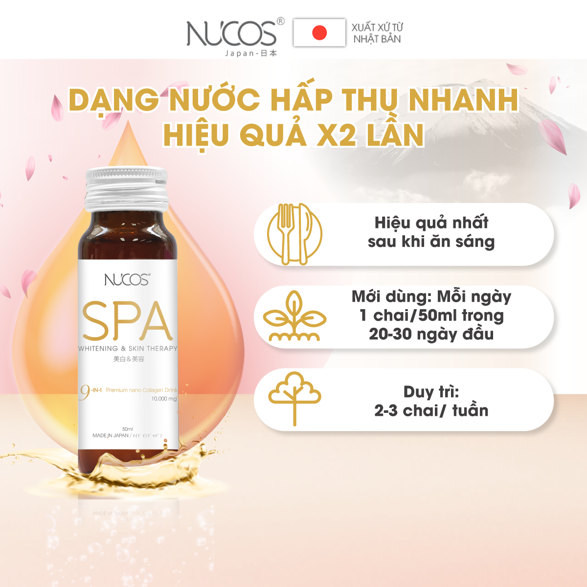 Combo 5 hộp Collagen uống thủy phân hỗ trợ căng bóng da Nucos Spa 10000​ 10 chai x 50ml