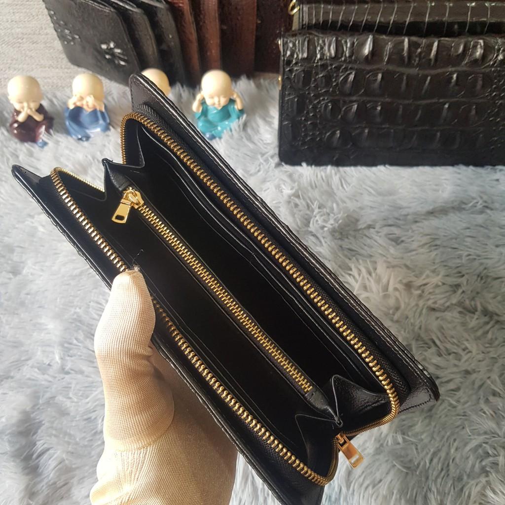 Ví Cầm Tay Cá Sấu Nữ/Nam | Ví Clutch Da Cá Sấu Da Bụng Một Khóa | Màu Đen | Da Nguyên Tấm