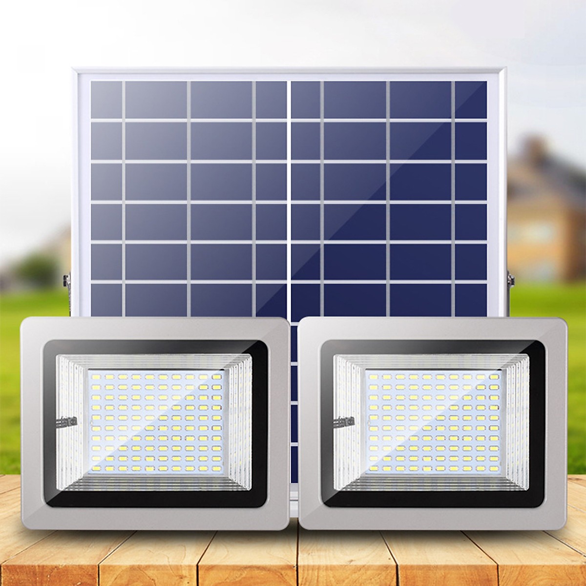 Đèn led năng lượng mặt trời 1 pin quang điện, 2 đèn, lắp ngoài trời hoặc trong nhà( 63w với 63 chip led)