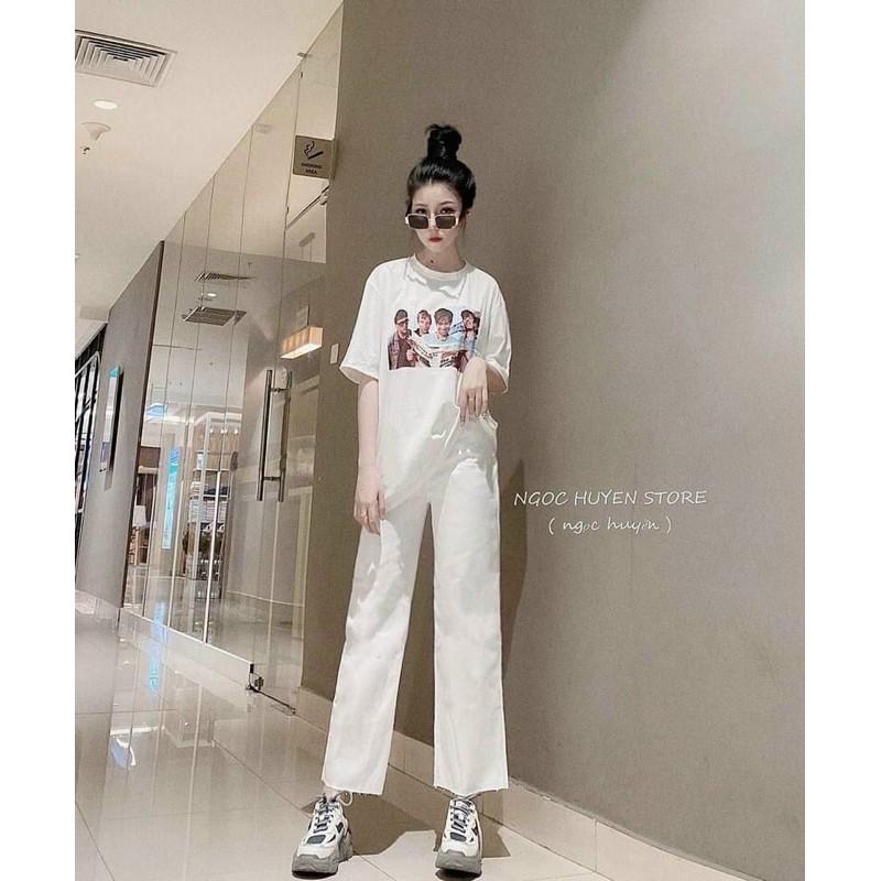 Sét áo thun trắng in hình + quần suông kaki