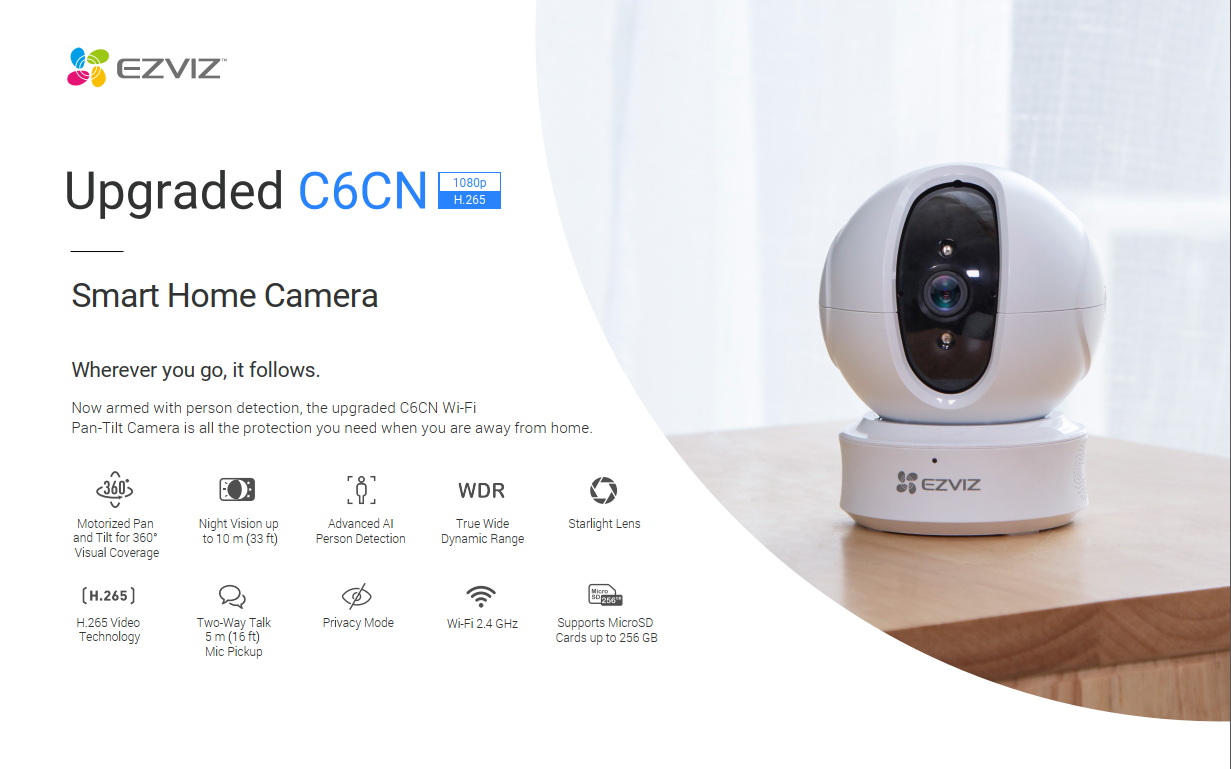 Camera WI-FI EZVIZ C6CN-H.265, 2MP, Ture WDR, Trong Nhà Đàm Thoại 2 Chiều, theo Phát Hiện Người Chuyển Động Thông Minh--Hàng Chính Hãng