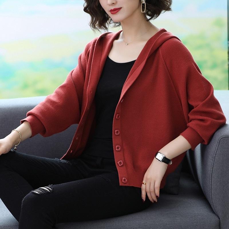 Hình ảnh Áo cardigan len đẹp, Khoác len nữ dáng cánh dơi có nón,Len dệt kim mềm mịn, Thời trang thu đông xinh cho nữ