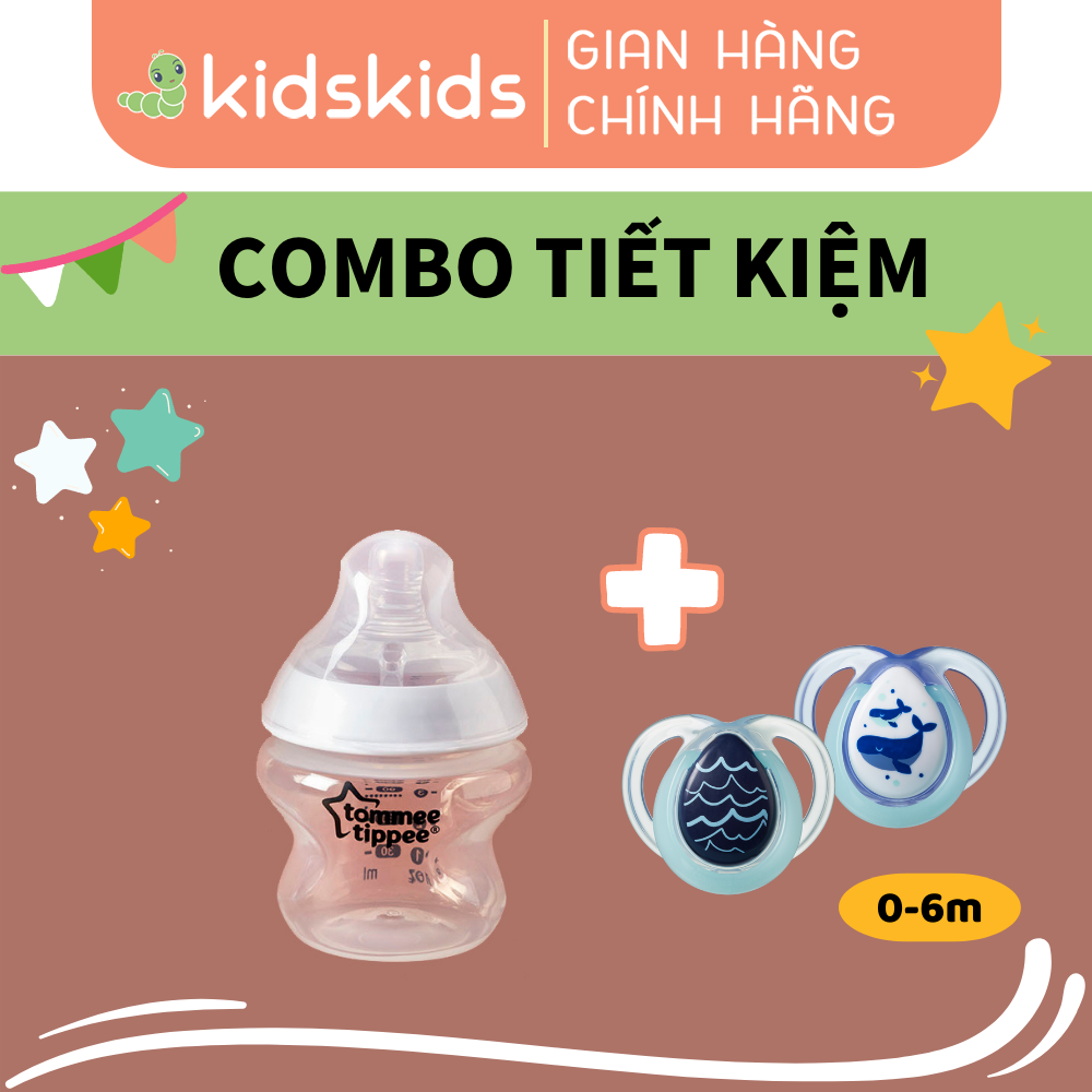 COMBO Ty ngậm dạ quang cho bé Tommee Tippee Night Time 0-6 tháng &amp; Bình sữa ty siêu mềm tự nhiên Natural Start 150ml