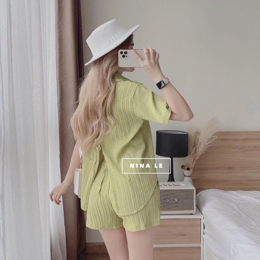 Set bộ quần áo sơ mi thiết kế phối nơ lửng chất đũi xốp xọc gân hàng đẹp hàng VNXK  A15 - Trắng