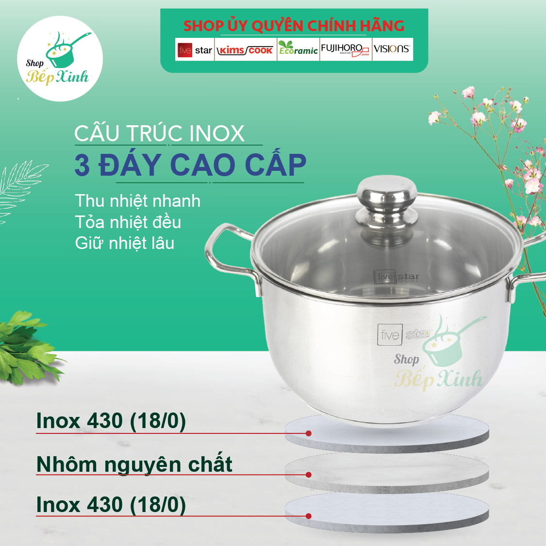 Bộ Nồi Xửng Hấp Fivestar Nắp Kính Tặng 10 Muỗng Inox