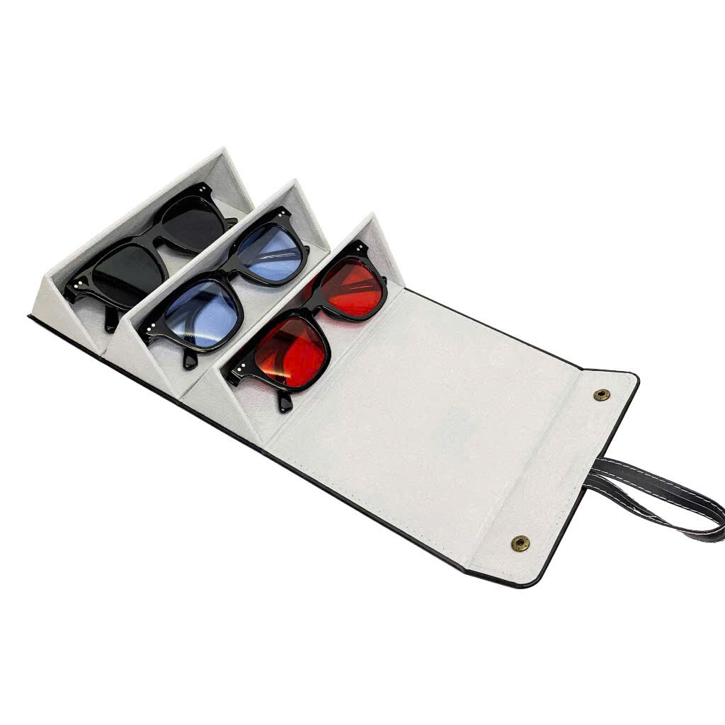 Hộp đựng mắt kính 3 ngăn da Pu gấp gọn, hộp đựng kính mắt nhiều ngăn