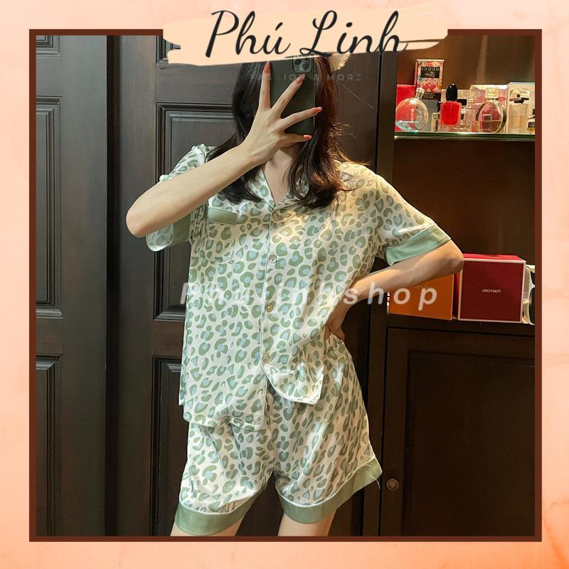 MS1009 Bộ Pyjama Nữ Lụa Satin, Bộ Quần Đùi Áo Cộc Nữ Mặc Nhà Da Báo Xanh 3903#