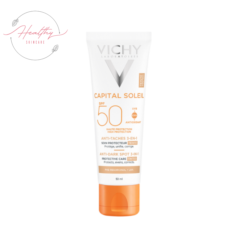 Kem Chống Nắng Vichy Ngừa Sạm Da, Giảm Thâm Nám Màu Da 50ml Capital Soleil Anti-Dark Spot 3-in-1 Tinted Daily Care SPF 50 UVA  UVB