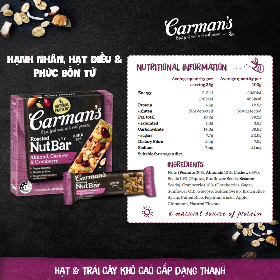 Thanh Hạt Carman's Nut Bar Hạnh Nhân, Hạt Điều, Nam Việt Quất - 175g