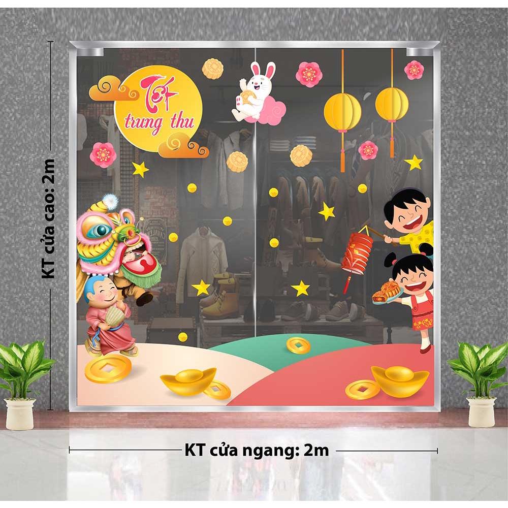 Decal trang trí trung thu 2021 bé và lân dưới ánh trăng cùng thỏ ngọc