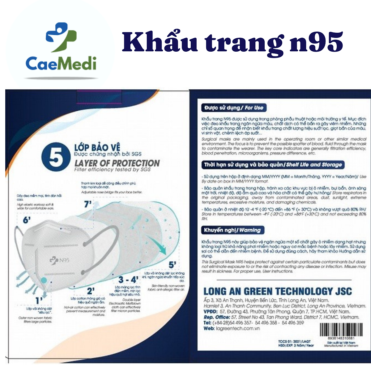 Khẩu trang y tế CAEMEDI N95 cao cấp, kháng khuẩn, lọc bụi bẩn đạt chuẩn BFE, FDA, CE xuất khẩu Châu Âu - Hộp 20 cái